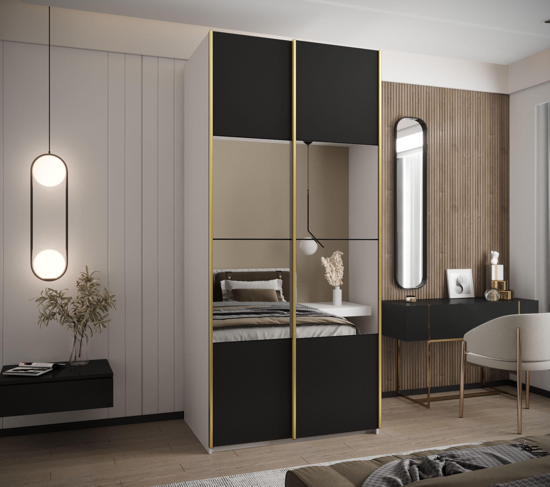 SCHWEBETÜRENSCHRANK 245,5/120/64 2-türig - Goldfarben/Schwarz, Holz/Metall (120/245/64cm) - Abiks Möbel