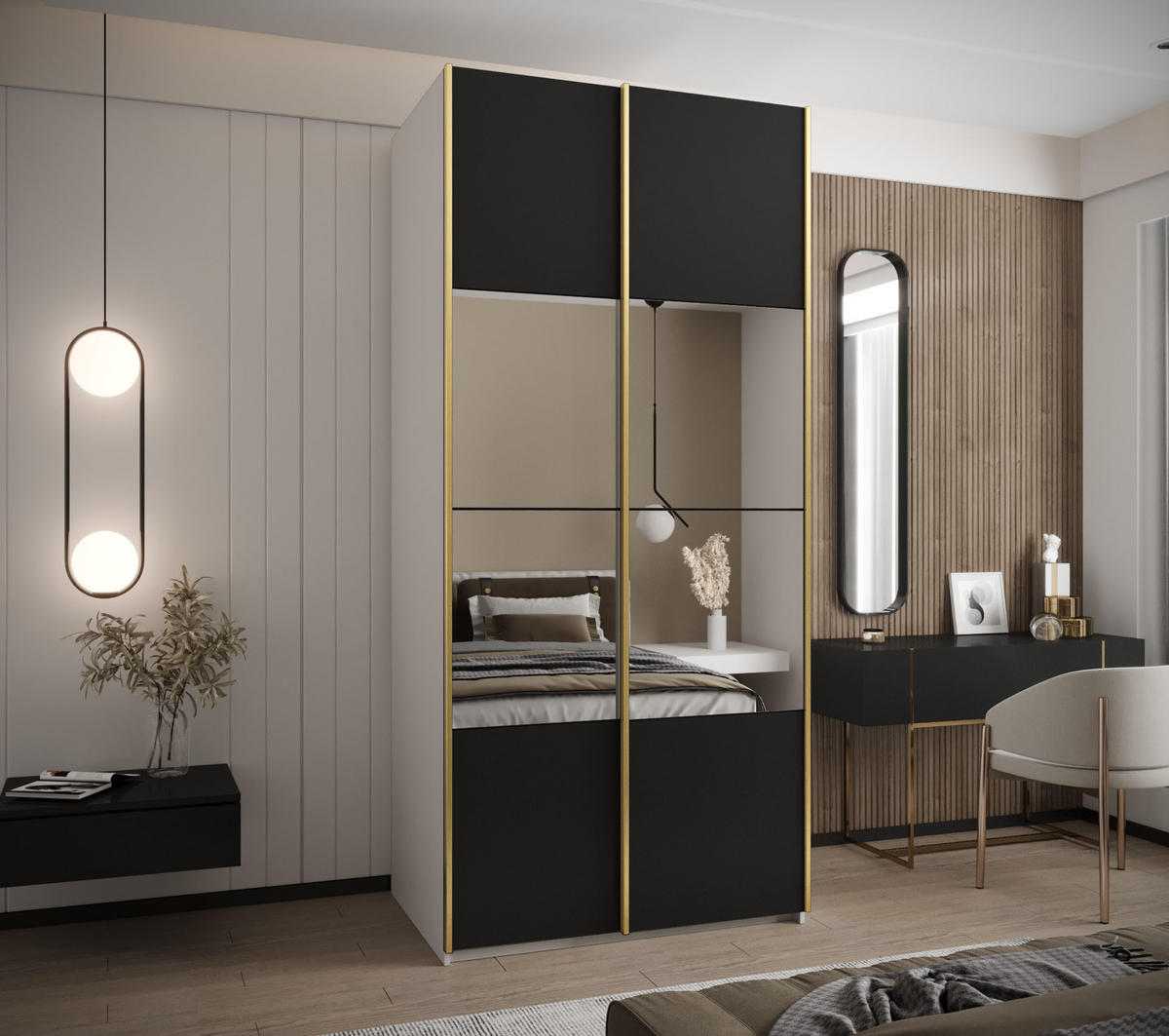 SCHWEBETÜRENSCHRANK 245,5/100/64 2-türig - Goldfarben/Schwarz, Holz/Metall (100/245/64cm) - Abiks Möbel