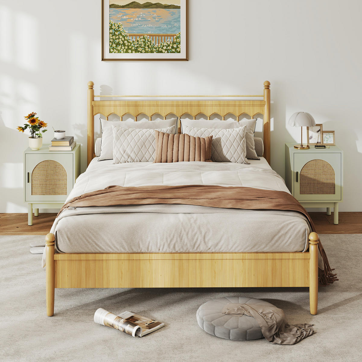 NACHTSCHRANK 2er-Set DE-12925 geflochtene Tür und verstellbares Regal Hellgrün - Grün, Holzwerkstoff (35/58/40cm) - ComfortXL