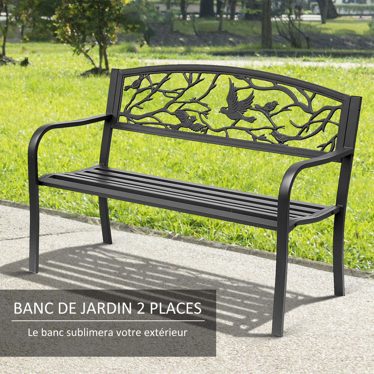GARTENBANK DE-17749 3-Sitzer mit Vogelmotiv im Rural-Chic Schwarz - Schwarz, Metall (127/85/60cm) - ComfortXL