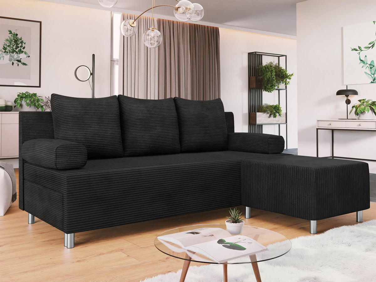 SCHLAFSOFA Dover Cord mit Polsterhocker - Chromfarben/Schwarz, Holz/Kunststoff (192/80cm) - MIRJAN24