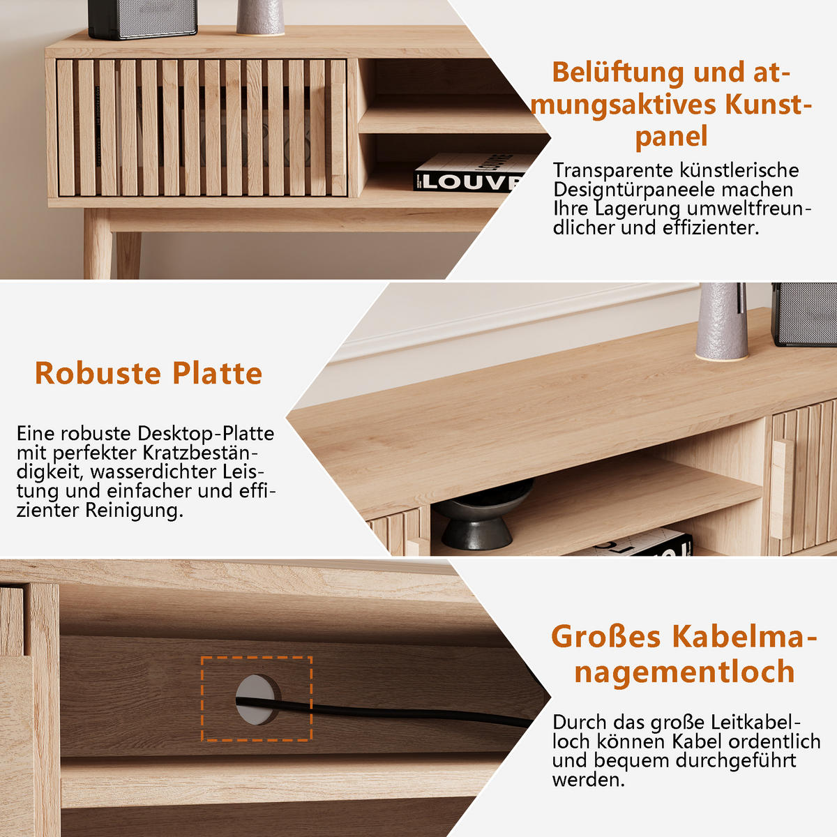 TV LOWBOARD 150x40x48 cm Ablagefächer Holz Art Deco - Naturfarben, Holz (150/48/40cm) - LEBENLANG