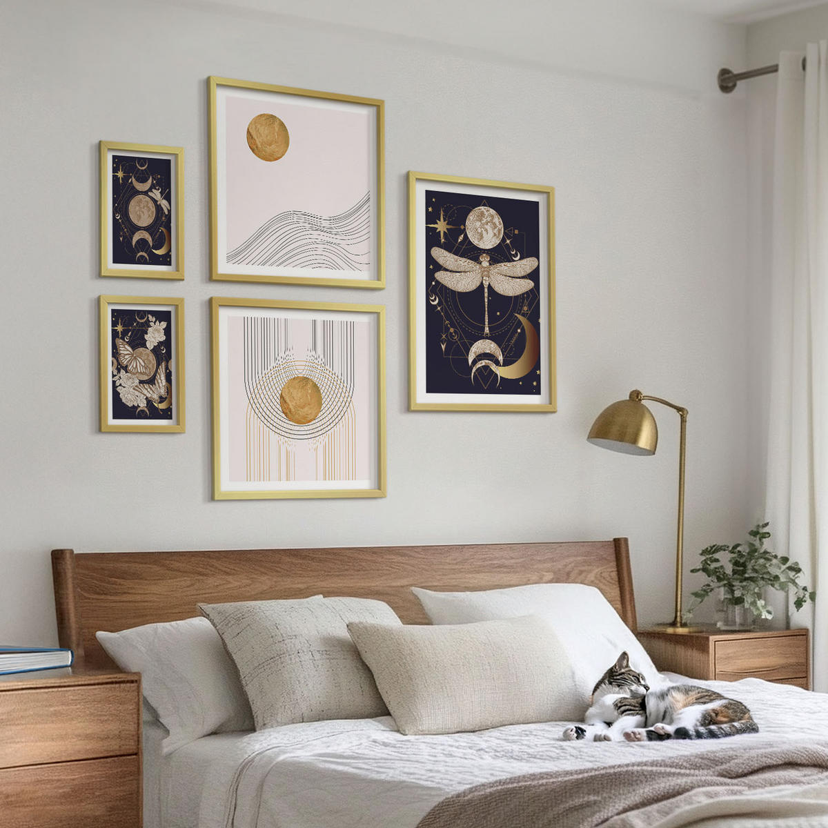 WANDBILDER 5er Set - 50x50 cm & 20x30 cm & 40x60 cm Goldrahmen - Naturmotive mit dem Mond - Goldfarben, Kunststoff (40/60cm) - ArtPrintCave