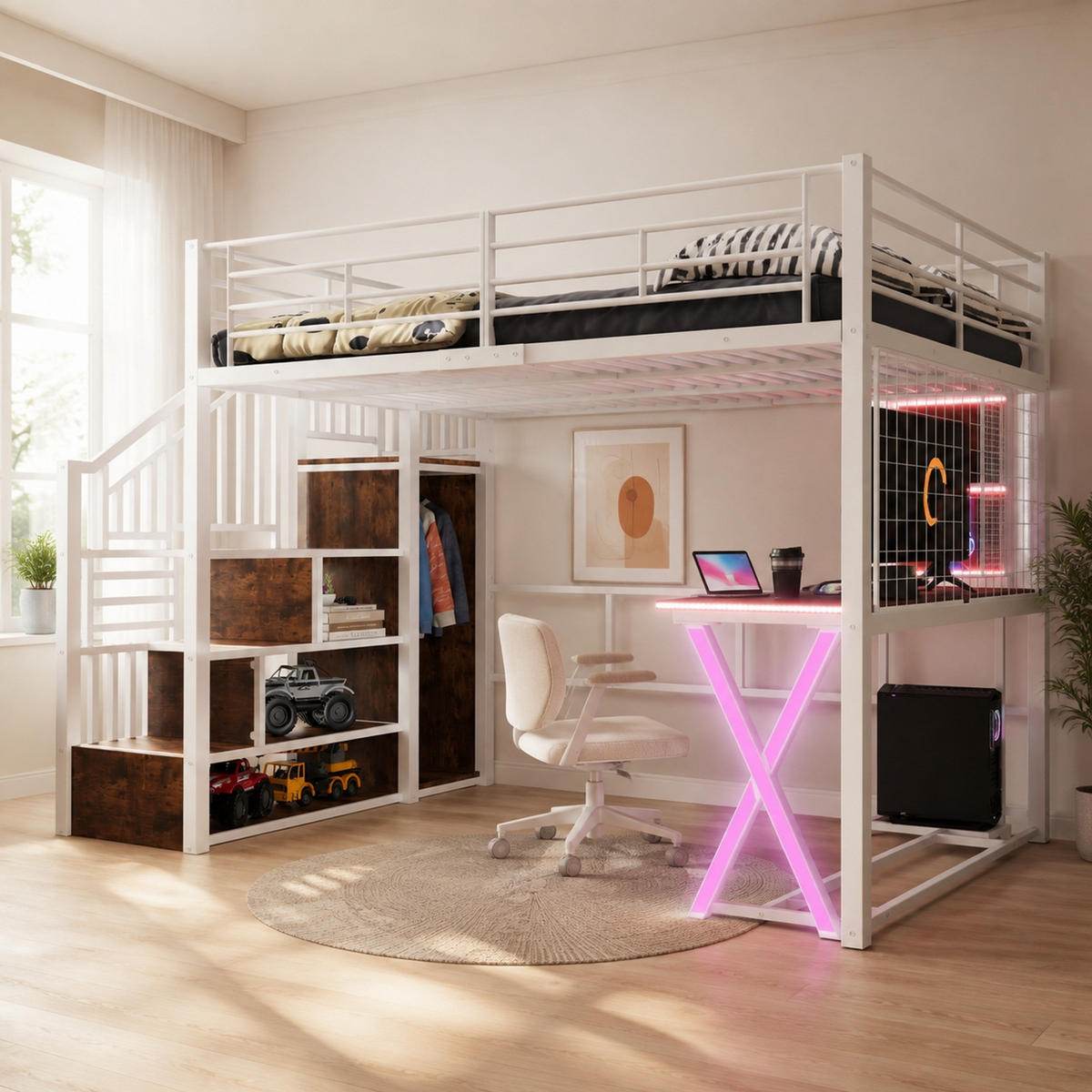 HOCHBETT 140/200 mit LED Schreibtisch Kleiderschrank und Regalen in Weiß - Weiß, Holz/Holzwerkstoff (140/200cm) - EVRYAE