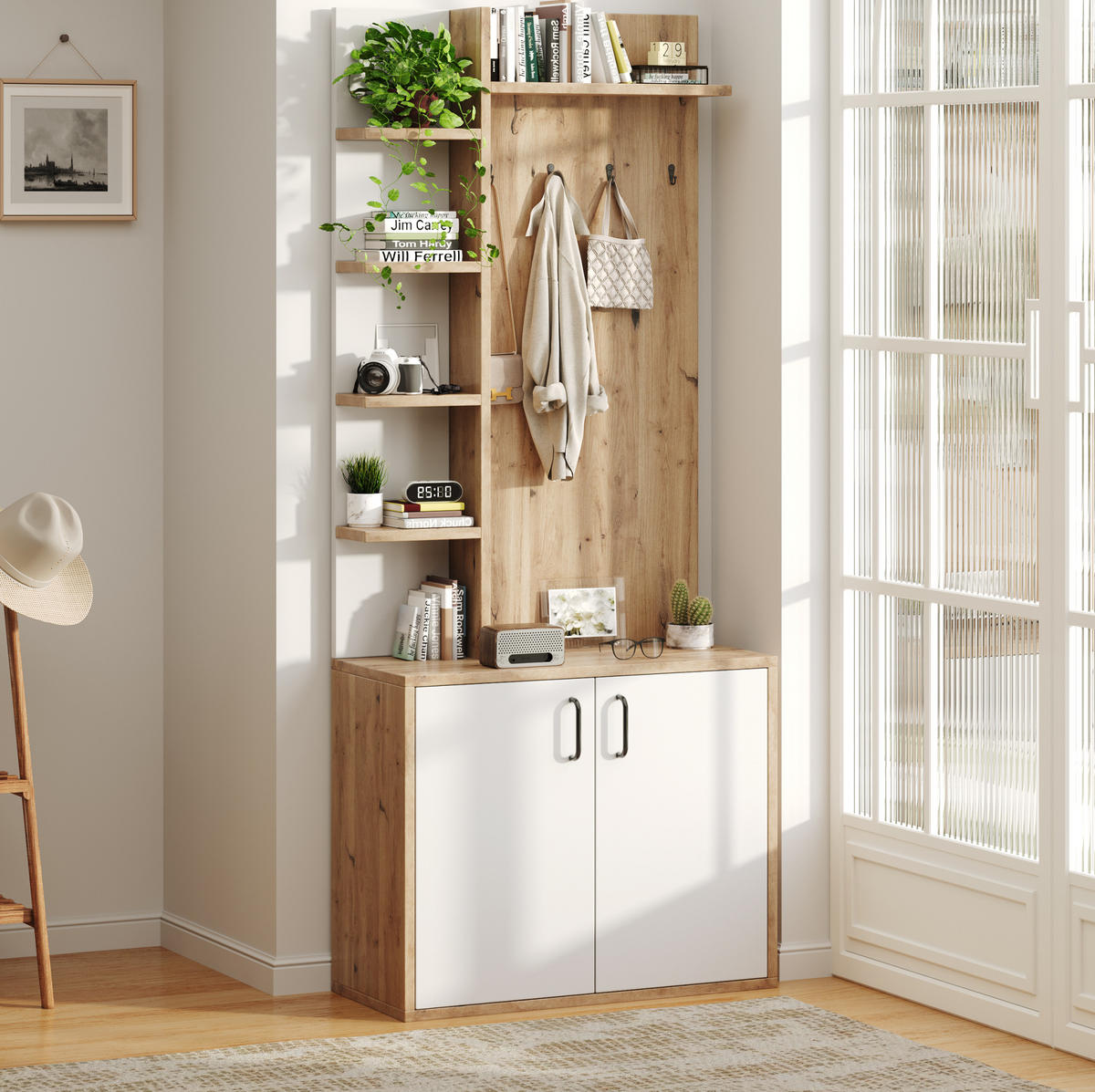 GARDEROBENREGAL 75/33/180 cm aus Holzwerkstoff mit 6 offenen Fächern und Schrank Natur/Weiß - Naturfarben, Holzwerkstoff (75/180/33cm) - Modenvie