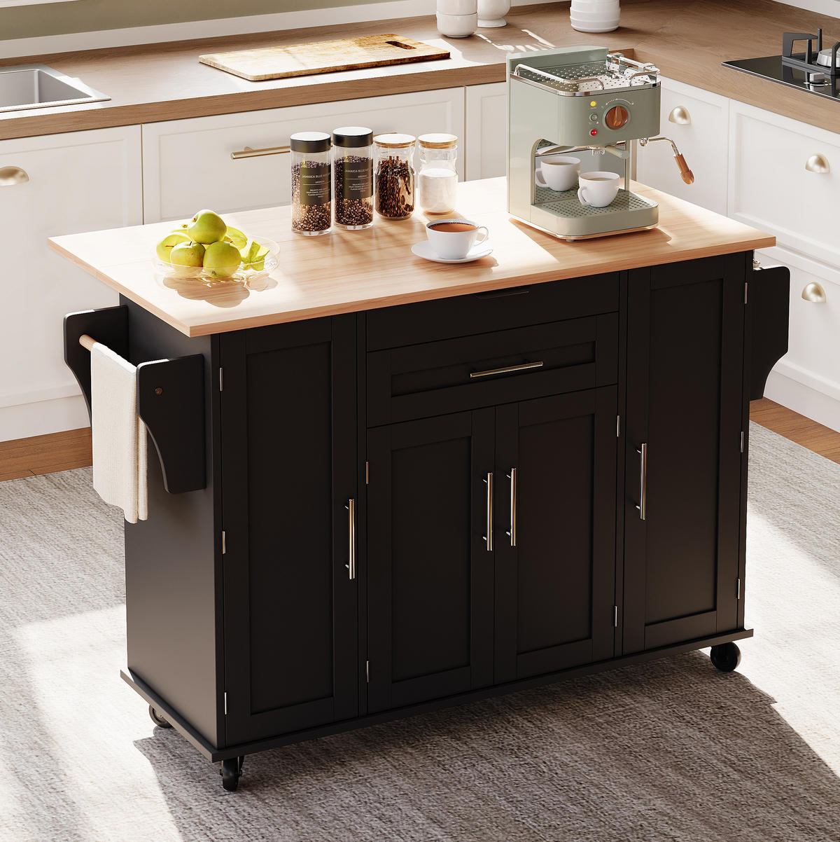 KÜCHENINSEL 136/92/70 cm Schwarz/Natur aus MDF mit ausziehbarer Arbeitsplatte - Schwarz, Holzwerkstoff (70/92/136cm) - OKMYHOME