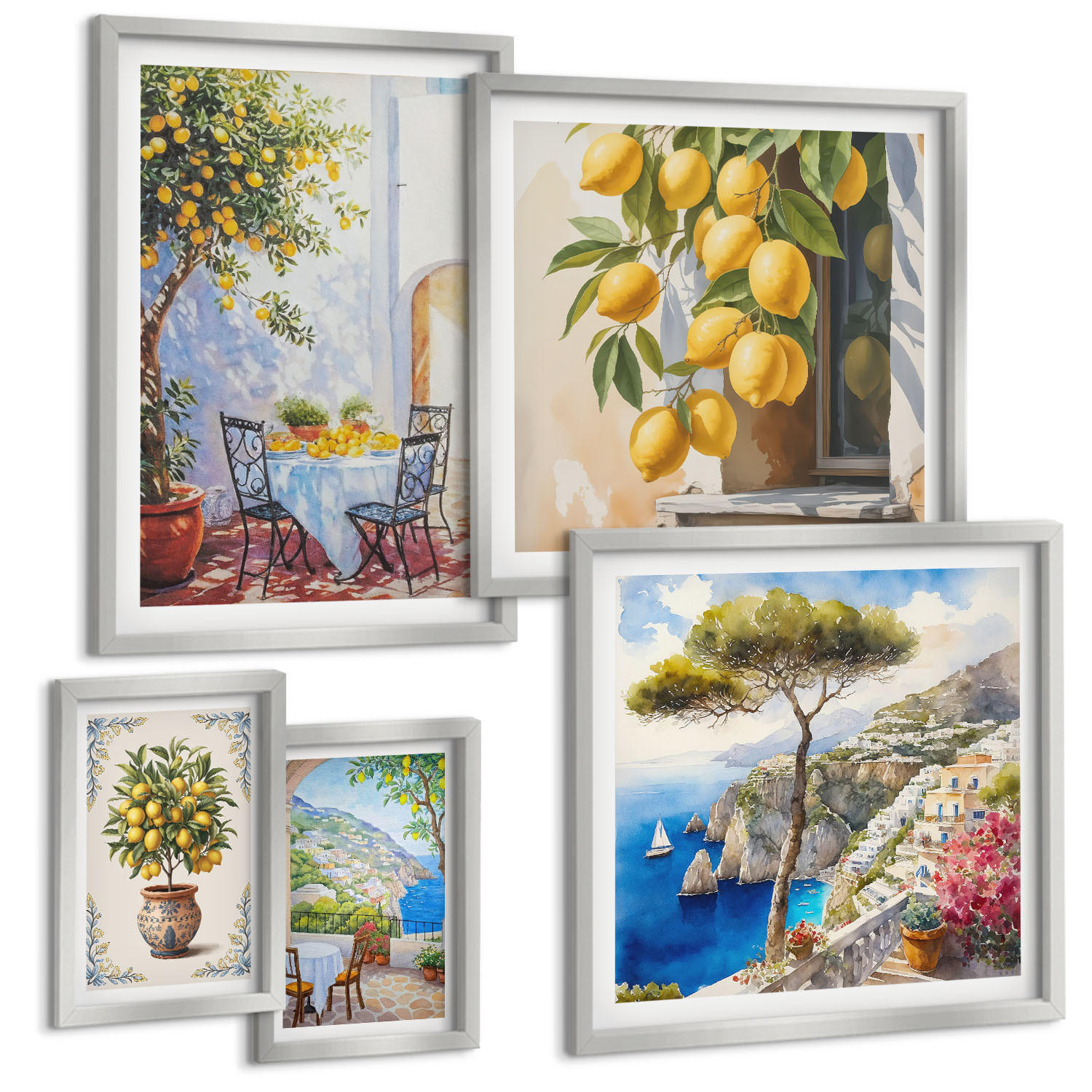 BILDER SET 5er Set - 50x50 cm & 20x30 cm & 40x60 cm Silberner Rahmen - Abstrakte Kranichberge - Silberfarben, Kunststoff (40/60cm) - TULUP