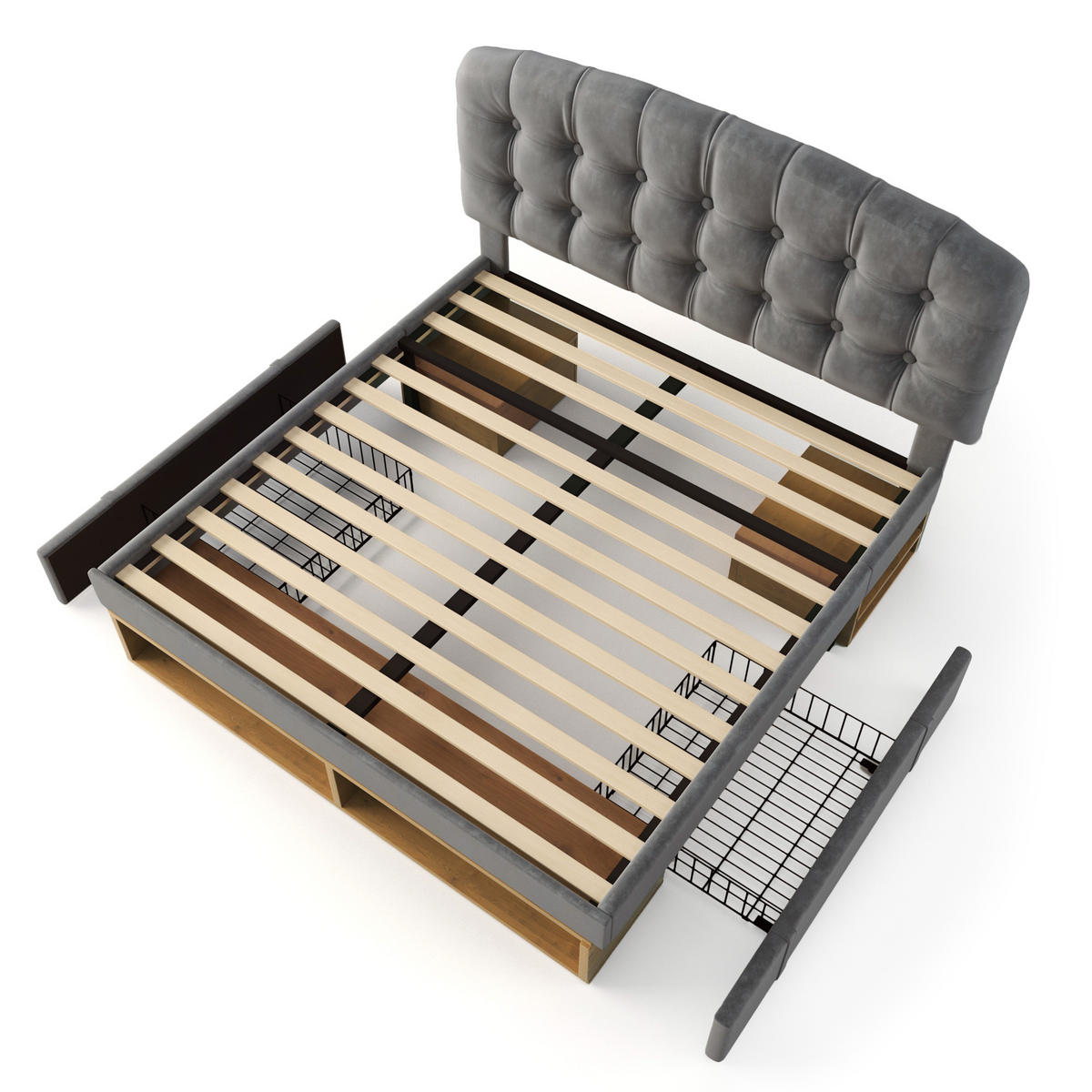 POLSTERBETT 140/200 cm in Grau Samt mit Schubladen, Regal und höhenverstellbarem Kopfteil - Grau, Holzwerkstoff/Textil (140/200cm) - CHICFURN