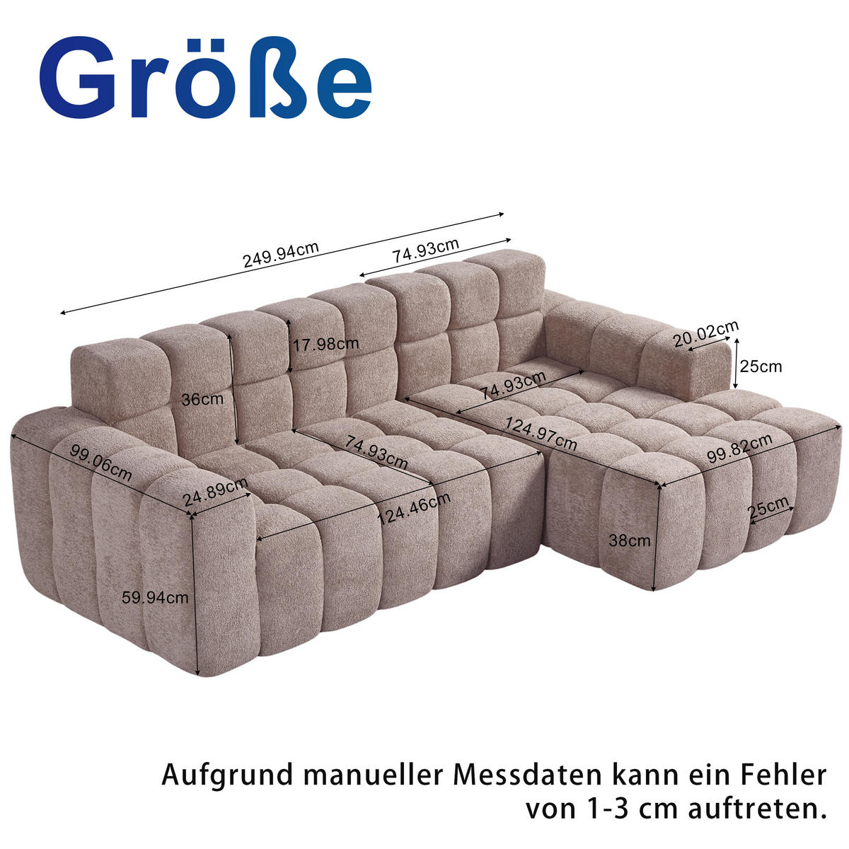 ECKSOFA modular 250/150/65 cm Khaki aus Velours mit Chaise Longue, L-Form - Sandfarben, Textil (150/250cm) - MIVRAY