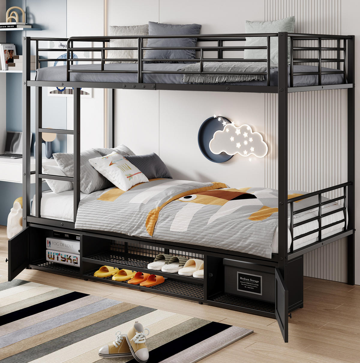 ETAGENBETT aus Metall 90x200 cm Schwarz mit Leiter, Fallschutz und Schuhablage - Schwarz, Metall (90/200cm) - Modfu