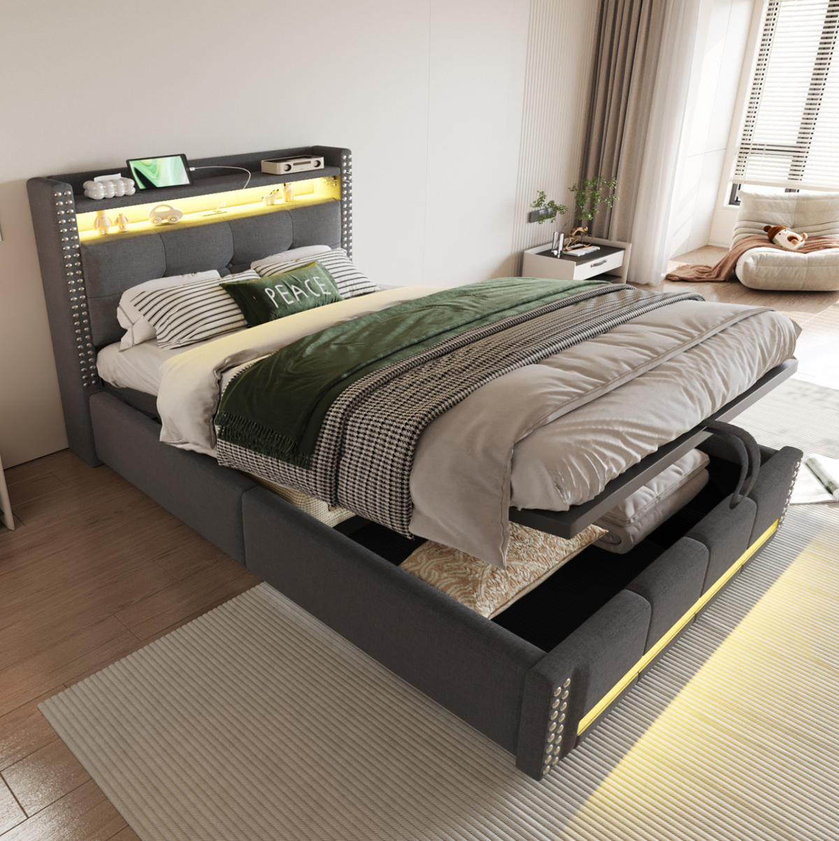 POLSTERBETT 90/200 cm Grau aus Leinenstoff mit LED und Stauraum - Grau, Textil (90/200cm) - OKMYHOME