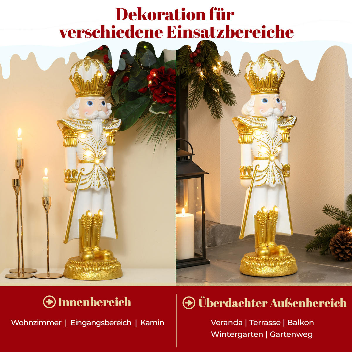 HOMETOPIA Nussknacker Figur 61 cm, Weihnachtsdeko mit 8 LEDs, Timer, MgO - Goldfarben, Naturmaterialien (16/61/19.5cm) - Hometopia