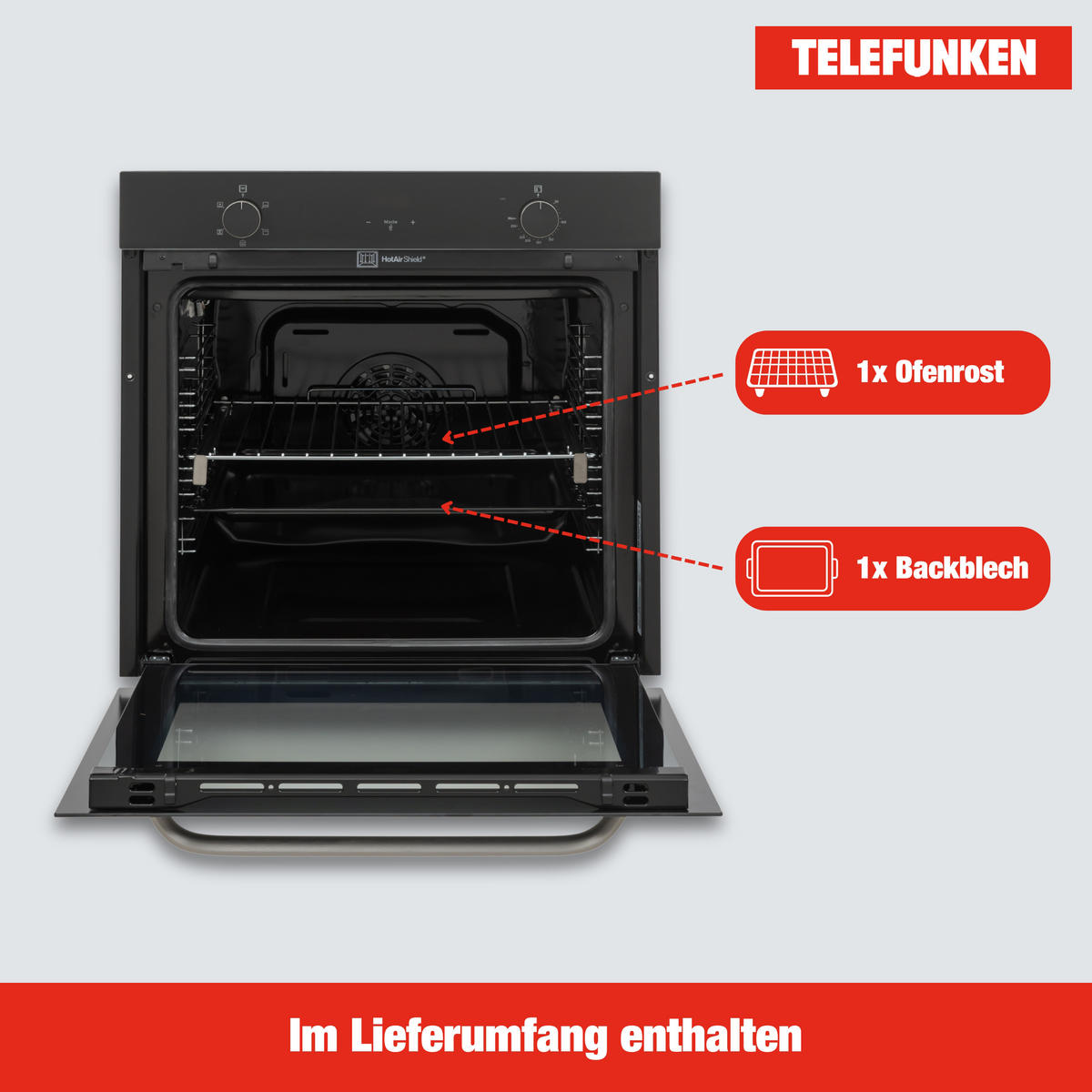 EINBAUBACKOFEN autark, 78 Liter, 60 cm Backofen, Hot Air Shield, Umluft/Ober-Unterhitze, 5 Funktionen - Schwarz, Metall (59.5/59.5/55cm) - Telefunken