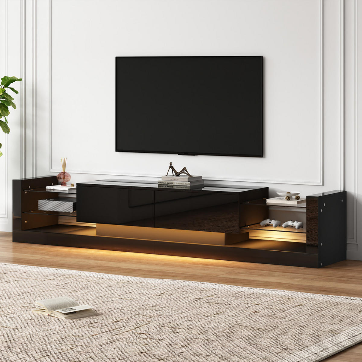 TV-SCHRANK 181cm LED Schwarz Glas 70-79 Zoll 2 Schubladen - Schwarz, Holz (45.72/15.88/101.6cm) - FLIEKS