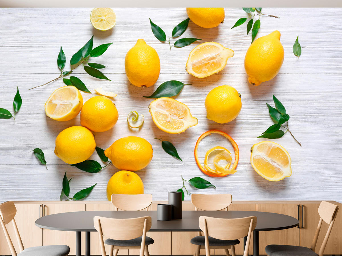 FOTOTAPETE für Küche Zitronen Holztisch Blätter Frisch Rustikal 300x210 - Gelb/Weiß, Papier (300/210cm) - Muralo