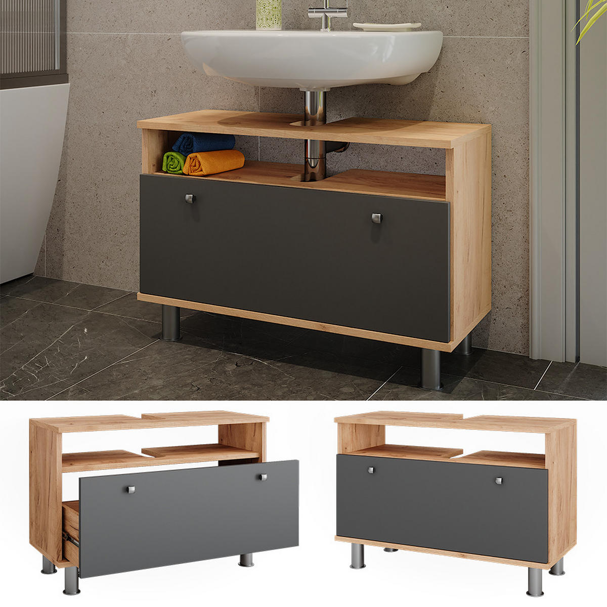 WASCHBECKENUNTERSCHRANK Fynn Goldkraft Eiche/Anthrazit 80.2 x 54 cm mit Schublade - Honigeiche/Anthrazit, Holzwerkstoff (80.2/54/32cm) - Vicco