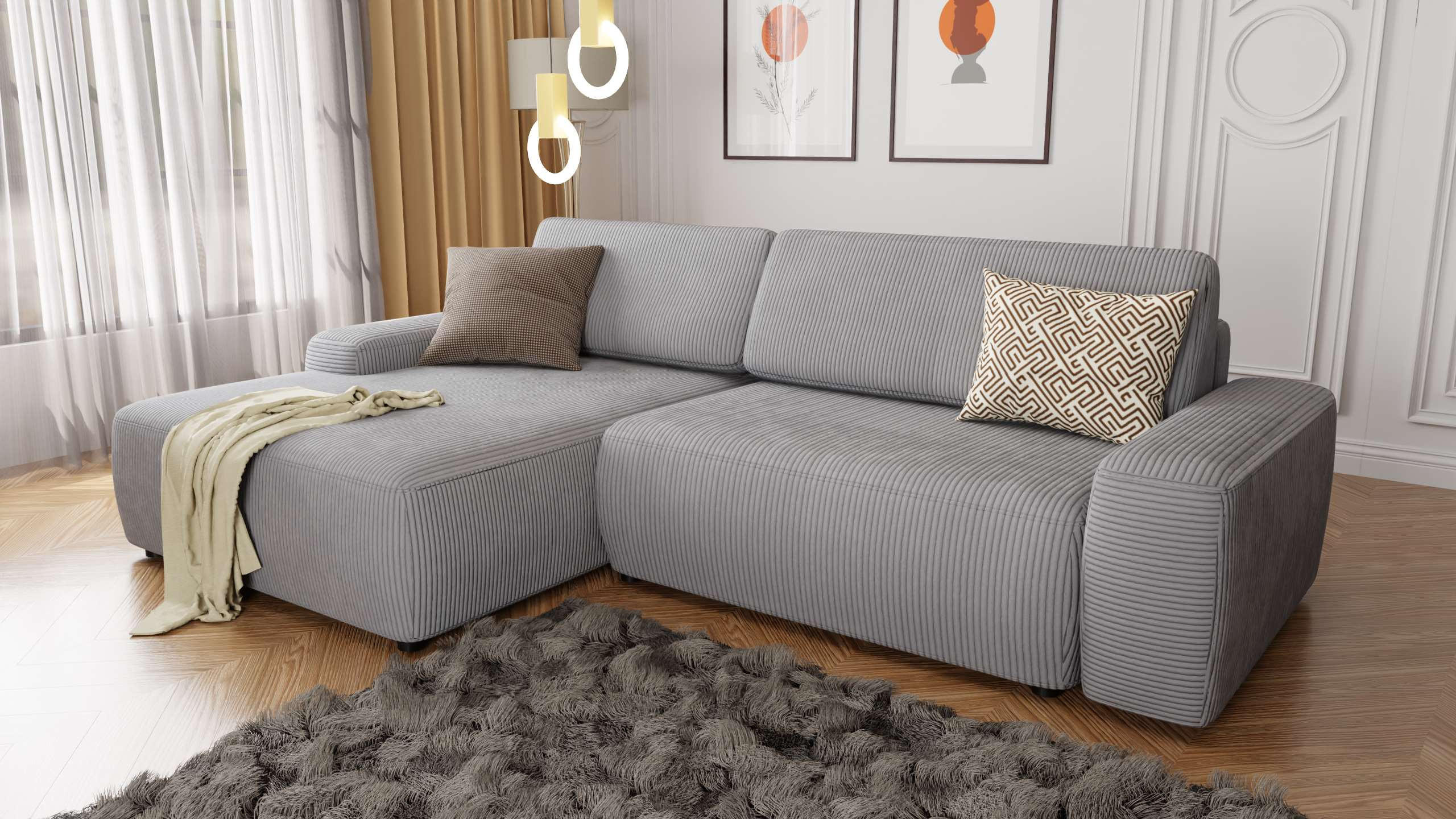 ECKSOFA Nancy Hellgrau Cord - Hellgrau/Schwarz, Holz/Kunststoff (264/162cm) - S-Style Möbel