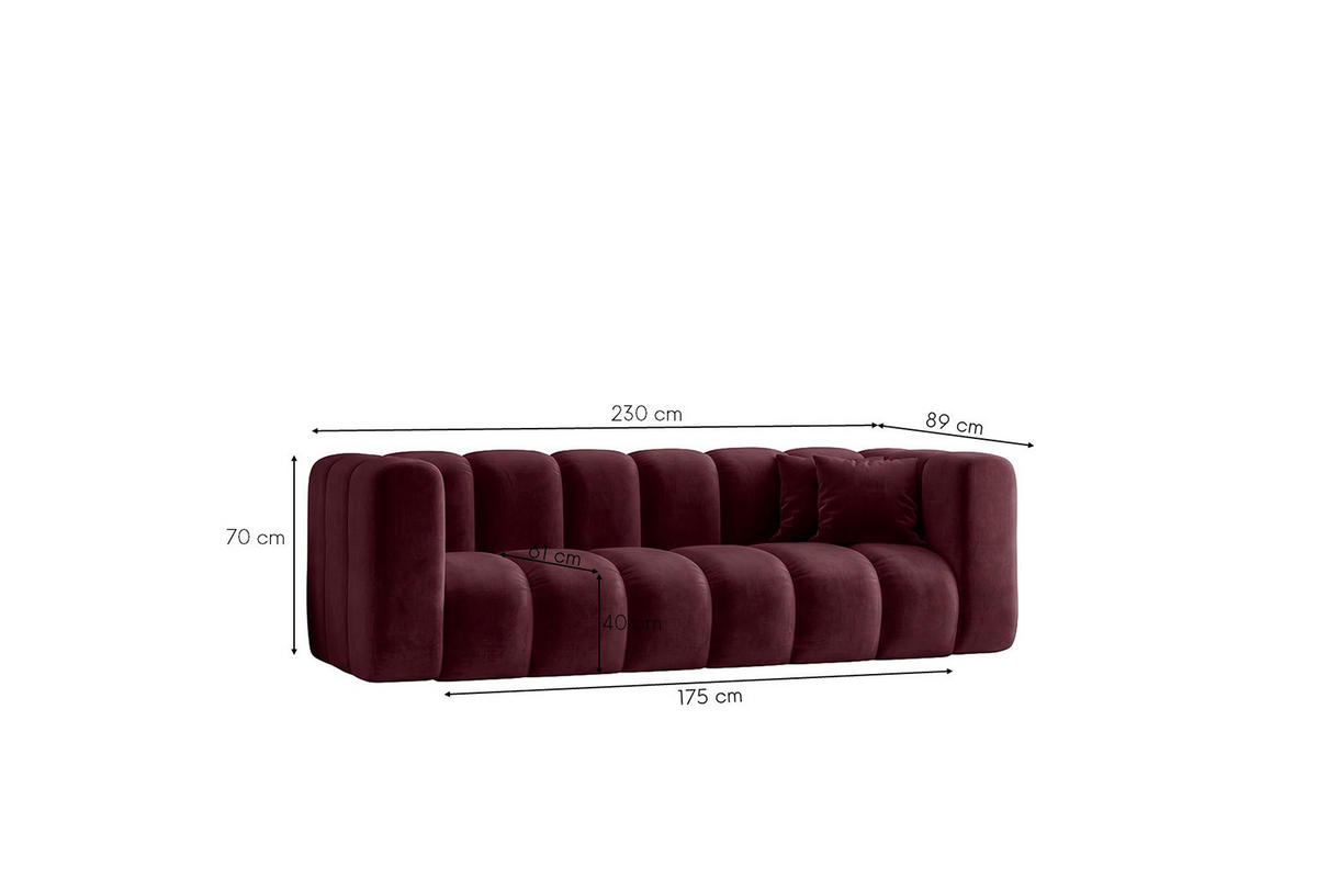 SOFA 3-Sitzer Modulares, Velvet-Stoff Riviera, Rotwein, GRAND - Dunkelrot, Holz (230/70/89cm) - Kaiser Möbel