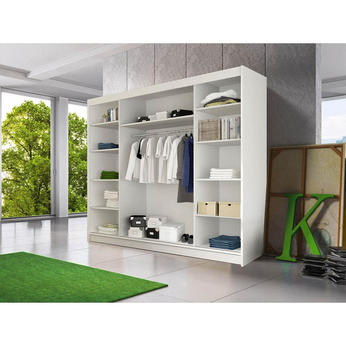 SCHWEBETÜRENSCHRANK ALBA Weiß/Weiß ohne Spiegel und ohne LED Beleuchtung 250 cm - Alufarben/Weiß, Holzwerkstoff/Kunststoff (250/218/61cm) - imoebel24