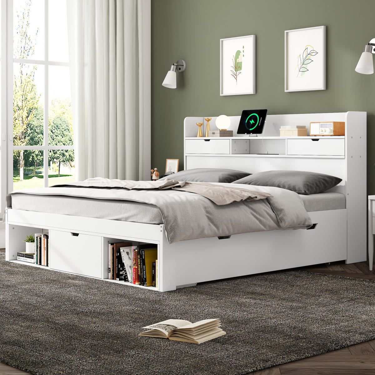 JUGENDBETT 140/190 cm mit USB, Typ-C, Schubladen und Stauraum, Weiß - Weiß, Holzwerkstoff (140/190cm) - Redom
