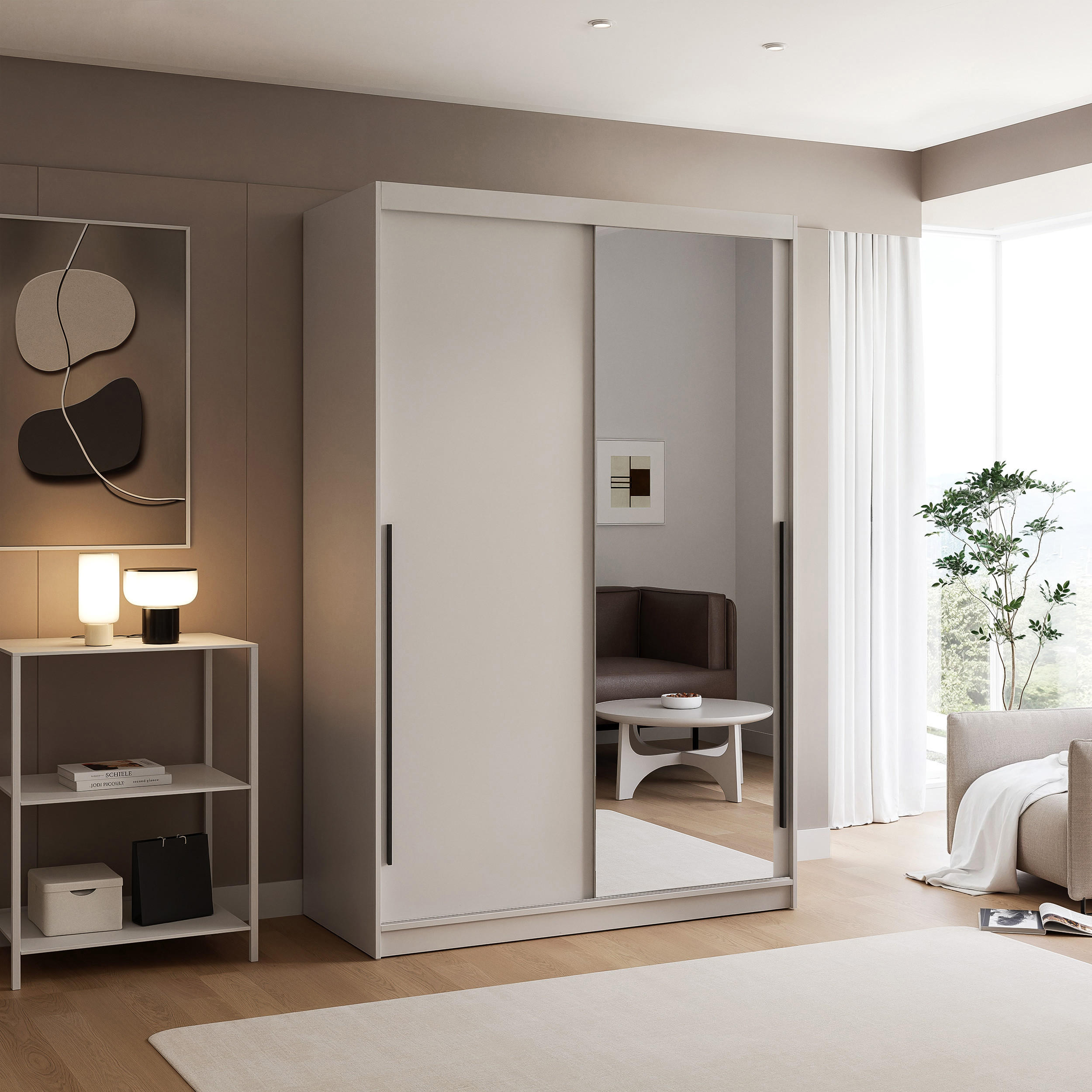 SCHIEBETÜRENSCHRANK SILENTE 140 cm mit Einlegeböden und Kleiderstange - Beige, Holzwerkstoff (140/215/60cm) - Idohome