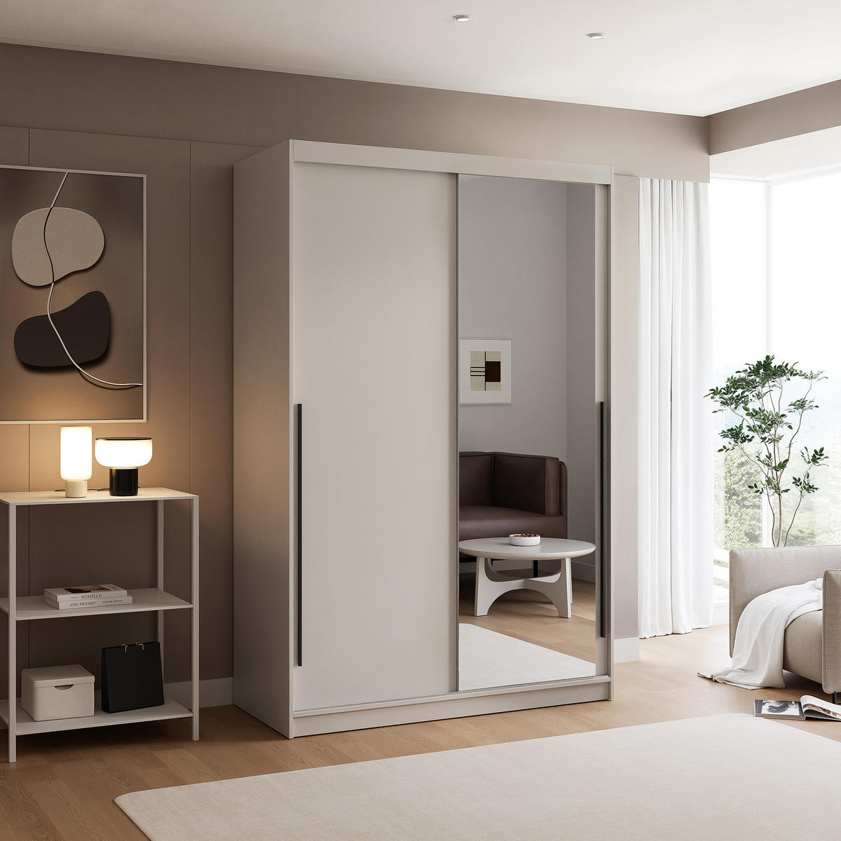 SCHIEBETÜRENSCHRANK SILENTE 140 cm mit Einlegeböden und Kleiderstange - Beige, Holzwerkstoff (140/215/60cm) - Idohome