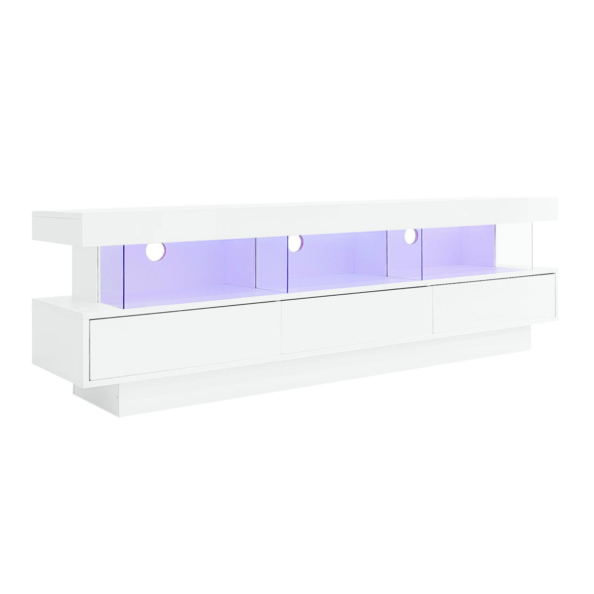 TV-SCHRANK aus Spanplatte 160x38x50,5 cm Weiß Hochglanz mit LED-Beleuchtung, Bluetooth-App-Steuerung und 3 Glasfächern - Weiß, Holzwerkstoff (160/50.5/38cm) - Modfu