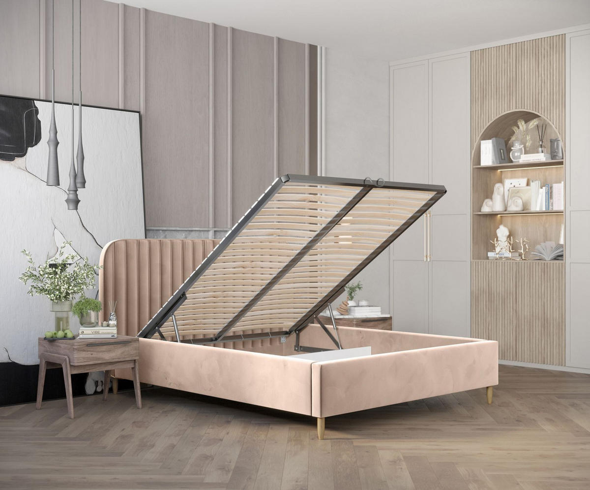 POLSTERBETT Noto Warmes Beige 120/200 cm im Samtstoff - Beige/Naturfarben, Holz/Holzwerkstoff (120/200cm) - Maison de Reve