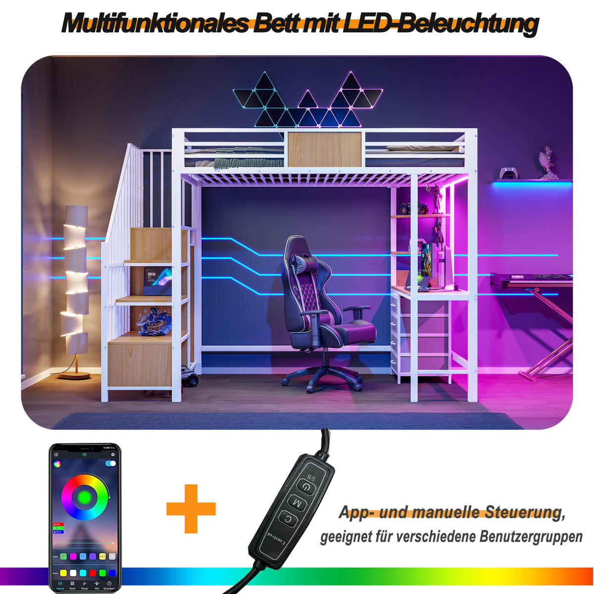 HOCHBETT 90/200 cm in Weiß mit Schreibtisch, Ablagefächern, Kleiderstange, LED und Steckdose aus Metall - Weiß, Holzwerkstoff/Metall (90/200cm) - CHICFURN