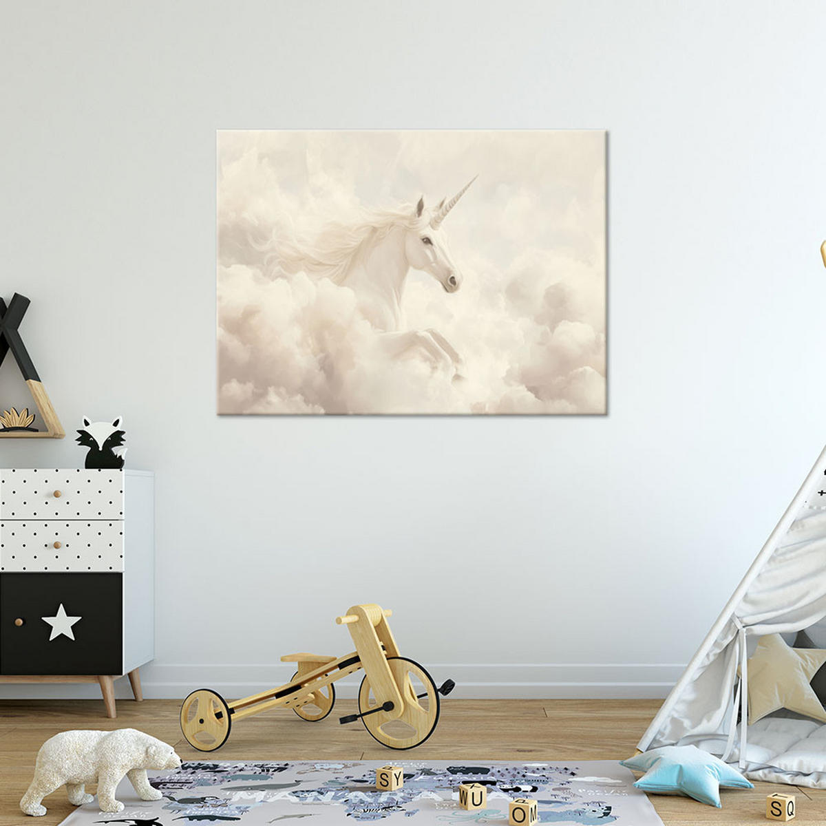LEINWANDBILD FÜR KINDER Einhorn in beigen Wolken - Beige, Textil (120/80cm) - Feeby