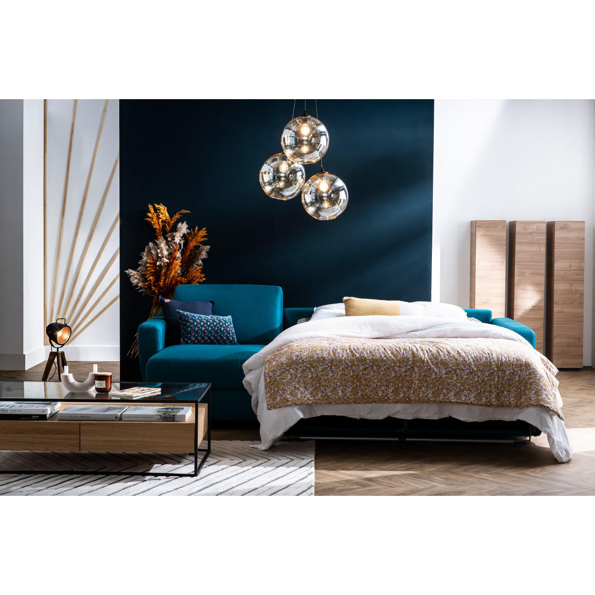 ECKSOFA Wende Konvertierbar Entenblau GRAHAM - Blau, Textil (152/280cm) - Miliboo