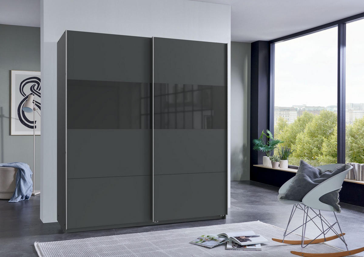 SCHWEBETÜRENSCHRANK Bramfeld in Grafit mit Schwarz Glas 180 x 198 x 65 cm (B x H x T) Kleiderschrank - Grau, Holzwerkstoff (80/200/120cm)