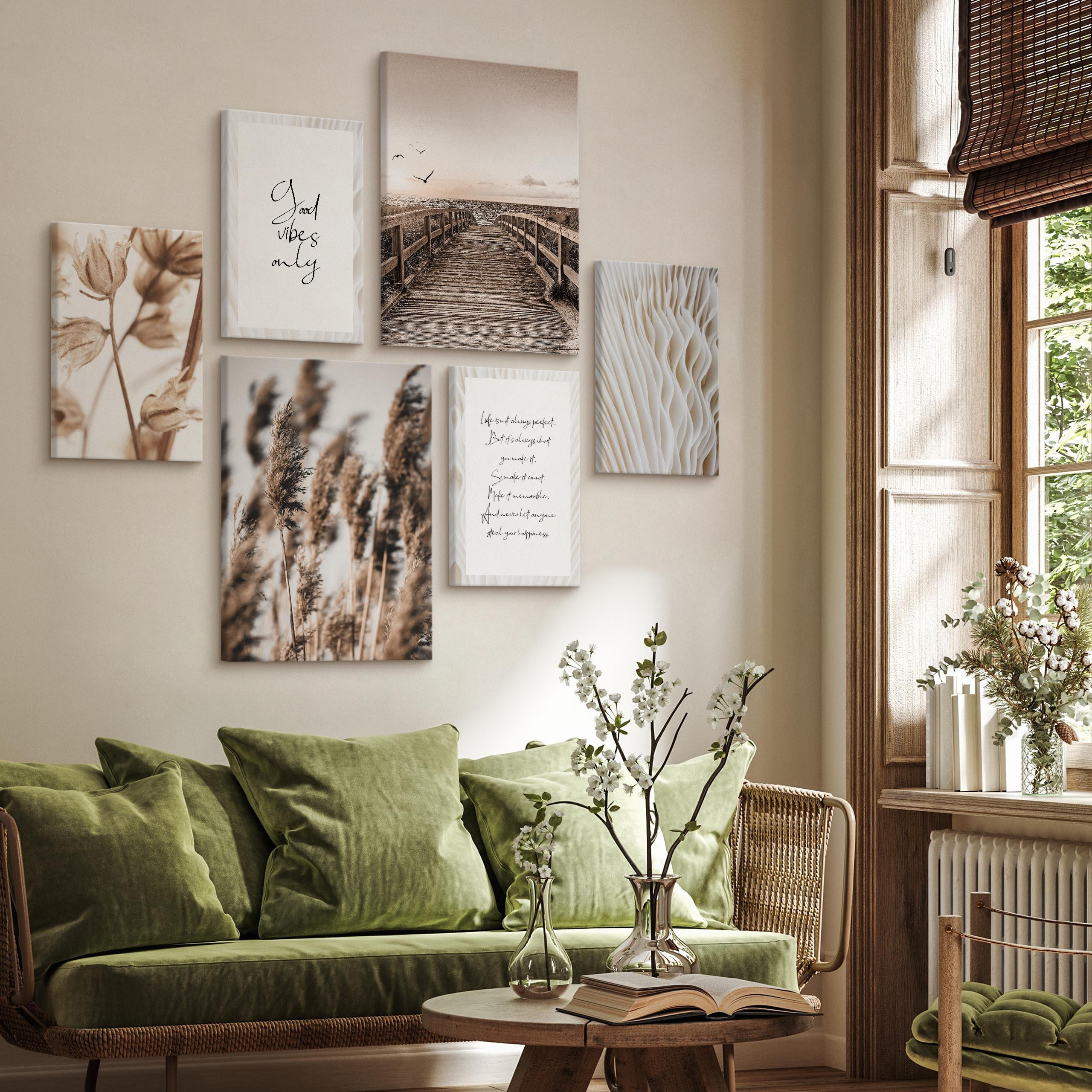 Thumbnail - Muralo Leinwandbilder, Schwarz, Weiß, Beige, Braun, Grau, Textil, Sprichwort/Zitat, Baum/Pflanze/Natur, Wasser/Strand/Me...