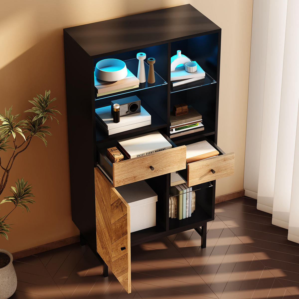 HIGHBOARD Schwarz und Holzoptik 80/40/150,5 cm - Schwarz, Holzwerkstoff (40/150.5/80cm) - Urban Meuble