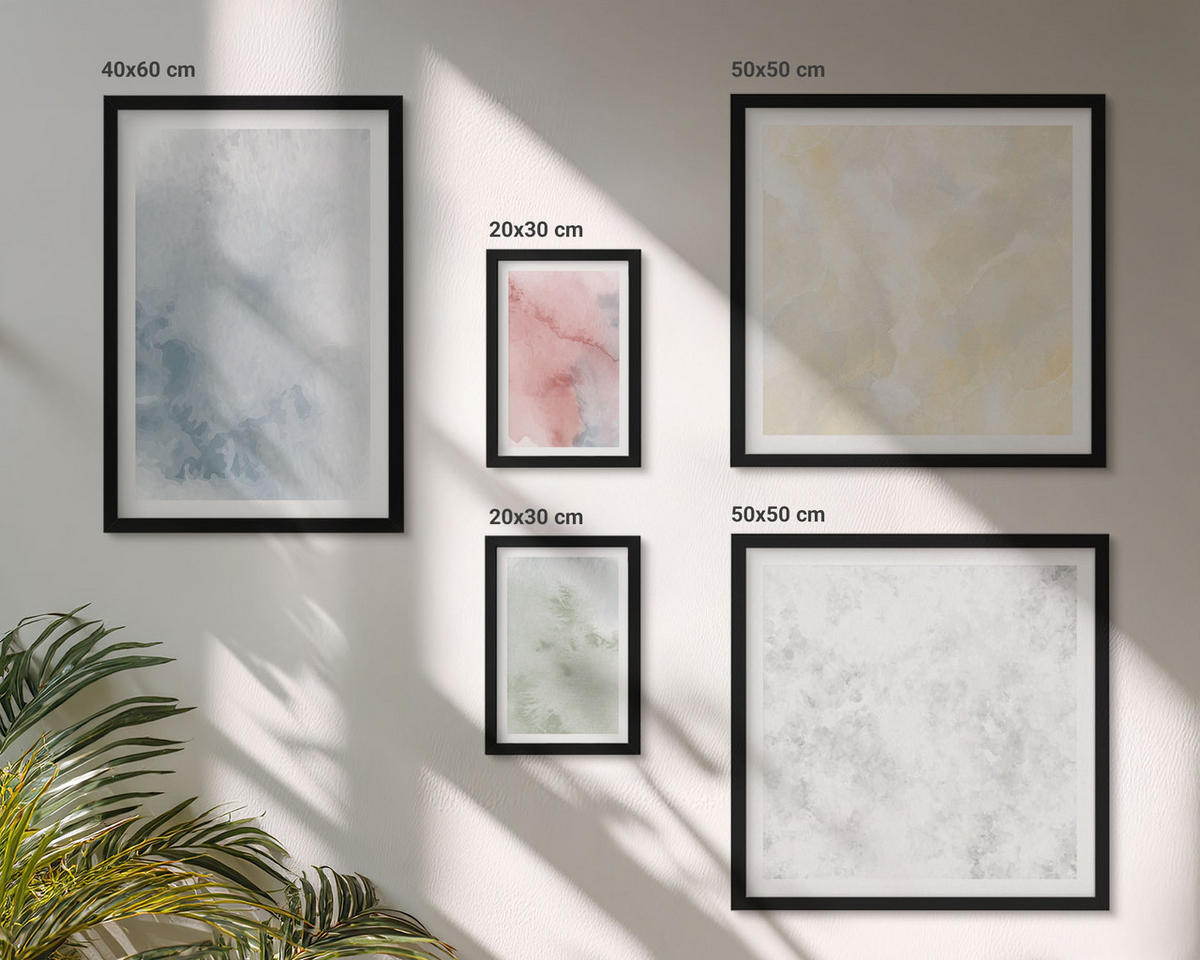 BILDER SET 5er Set - 50x50 cm & 20x30 cm & 40x60 cm Schwarzer Rahmen - Aquarellfarben in Pastellfarben - Schwarz, Kunststoff (40/60cm) - TULUP