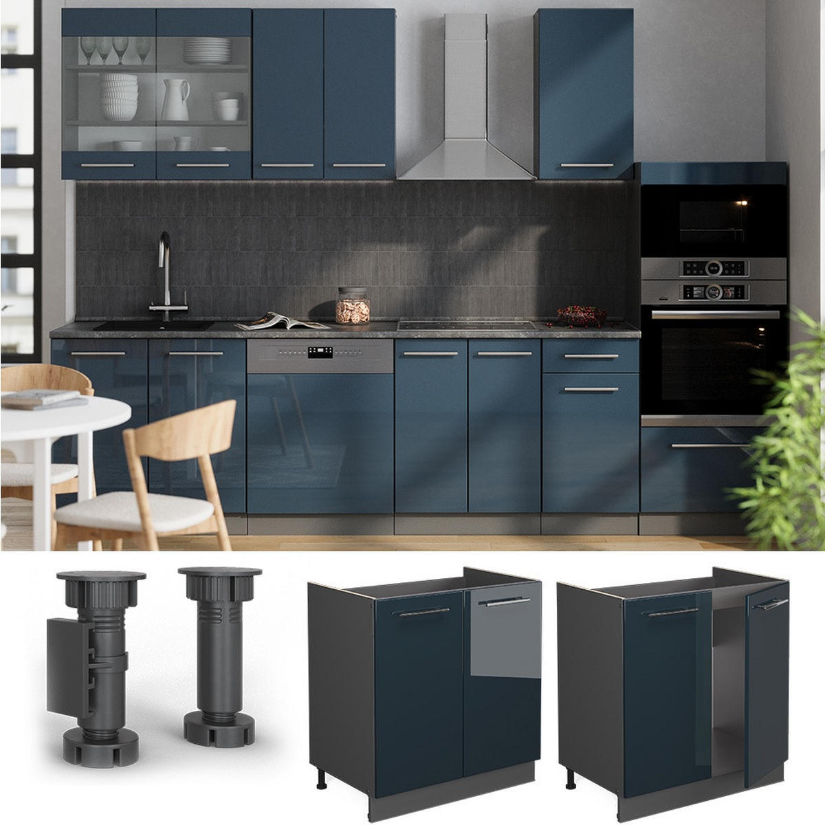 SPODNJA OMARICA ZA POMIVALNO KORITO Fame-Line Temno modra z visokim sijajem 80 cm , DP Antracit - antracit/temno modra, leseni material (80/82/60cm) - Vicco