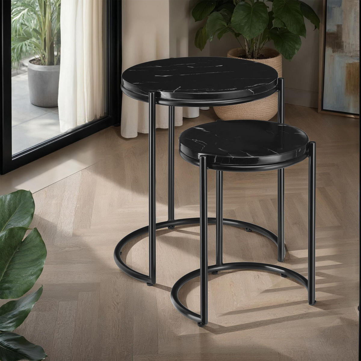BEISTELLTISCH Ellsa,ineinander schiebbar,schwarz/schwarz - Schwarz, Stein (43/43/50.5cm) - tectake
