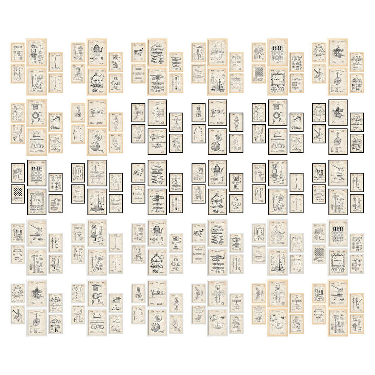 POSTER Set Mit 6 Plakaten Mit Flugzeug Patenten Im Vintage Stil A3 & A4 Rahmen Aus Hellem Holz - Beige, Papier (29/3cm) - Nacnic