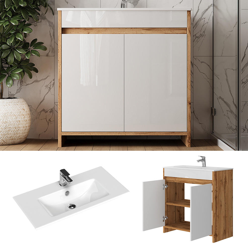 WASCHTISCHKOMBI Lemgo Goldkraft Eiche 2 Teile - Weiß Hochglanz/Eiche Wotan, Holzwerkstoff (79.8/81.9/40cm) - Vicco
