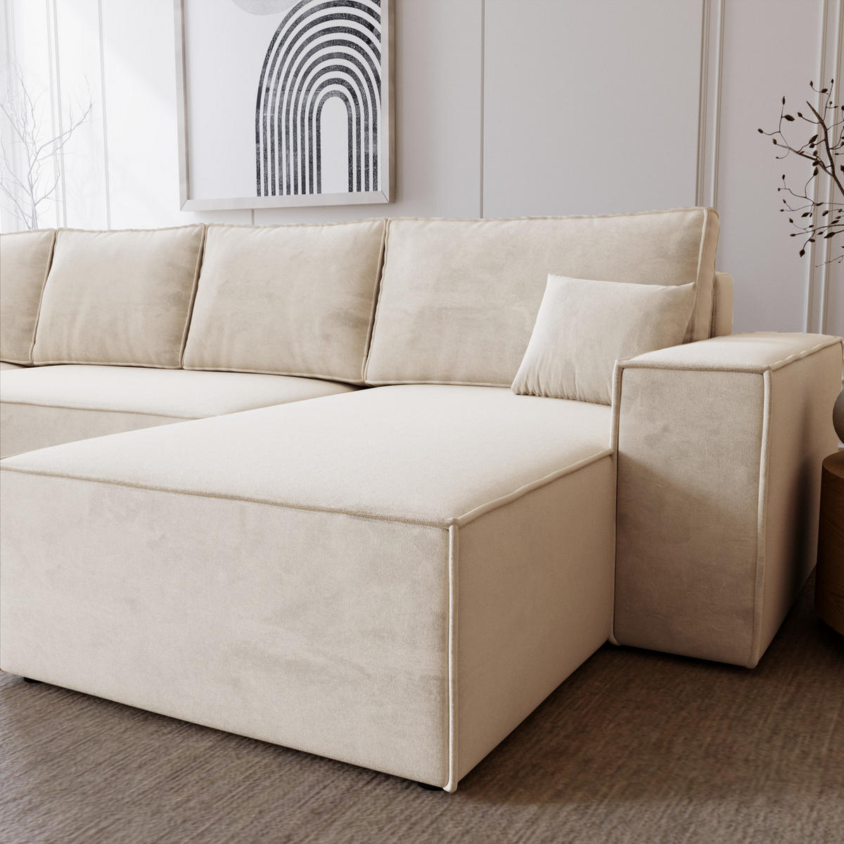 ECKSOFA 380 cm Bergamo U mit Bettkasten, Samt, Vanille - Ecru, Holz (377/189cm) - Emporius