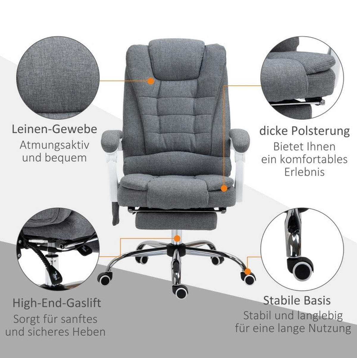 DREHSTUHL 65/70/111-119 cm grau aus Polyester mit Massage und Fußstütze - Grau, Kunststoff (70/119/65cm) - OKWISH