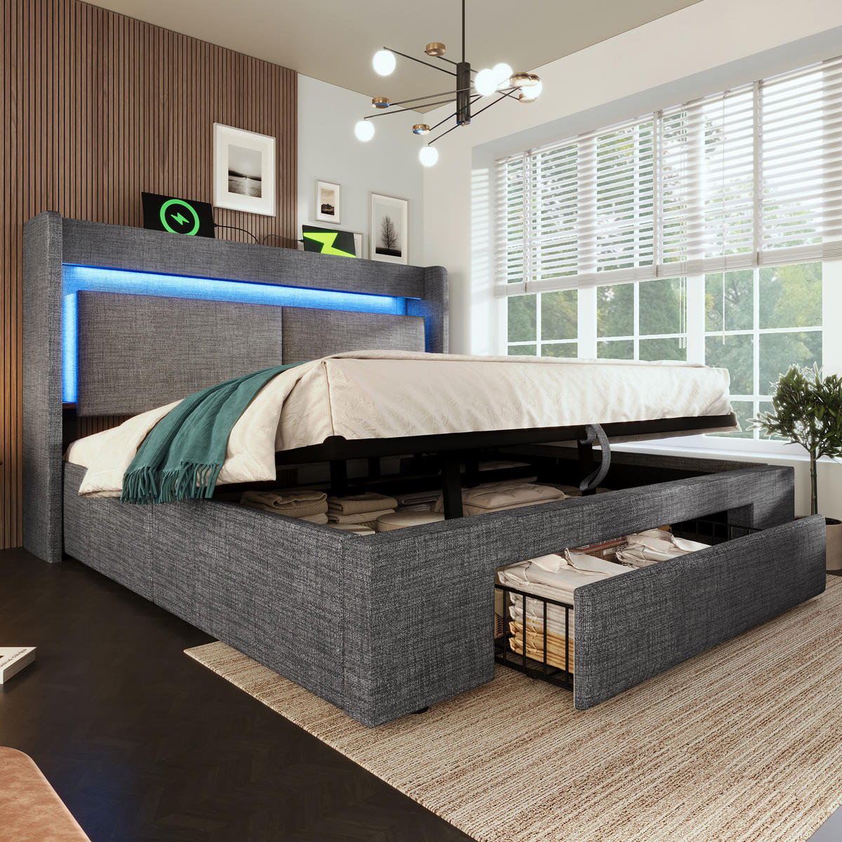 POLSTERBETT 180/200 cm Grau mit LED-Beleuchtung, 1 Schublade, Ablagefach sowie USB-/USB-C-Anschlüssen - Grau, Textil/Metall (180/200cm) - Oxeza