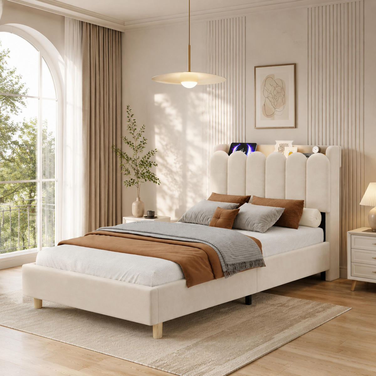 POLSTERBETT 90/200 mit USB- und Typ-C-Ladestation, Leselampe und gepolstertem Kopfteil mit Stauraum in Beige - Beige, Holzwerkstoff/Textil (90/200cm) - EVRYAE