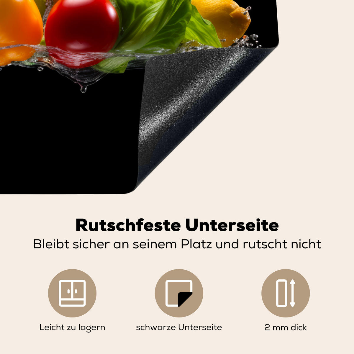 HERDABDECKPLATTE Paprika - Wasser - Gemüse - Schwarz Herdabdeckung Induktionsfeld 75x52 cm - Multicolor, Kunststoff (75/52/0.2cm) - MuchoWow