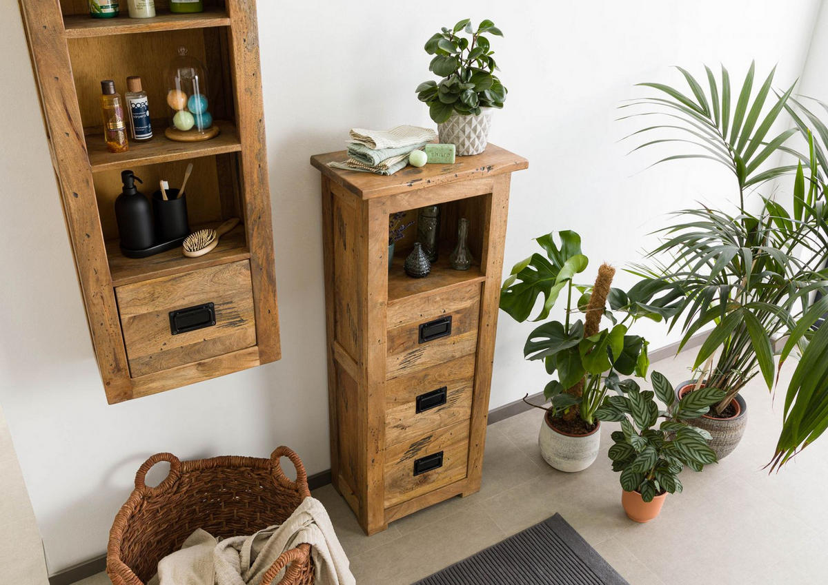 KOMMODE Mango 50x30x120 natur lackiert RAILWAY #181 - Hellbraun, Holz (50/120/30cm) - Massivmoebel24