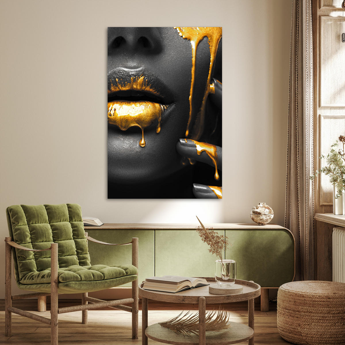 POSTER Frau - Schwarz - Gold - Gesicht - Lippen 80x120 cm - Goldfarben, Papier (80/120/0.1cm) - MuchoWow