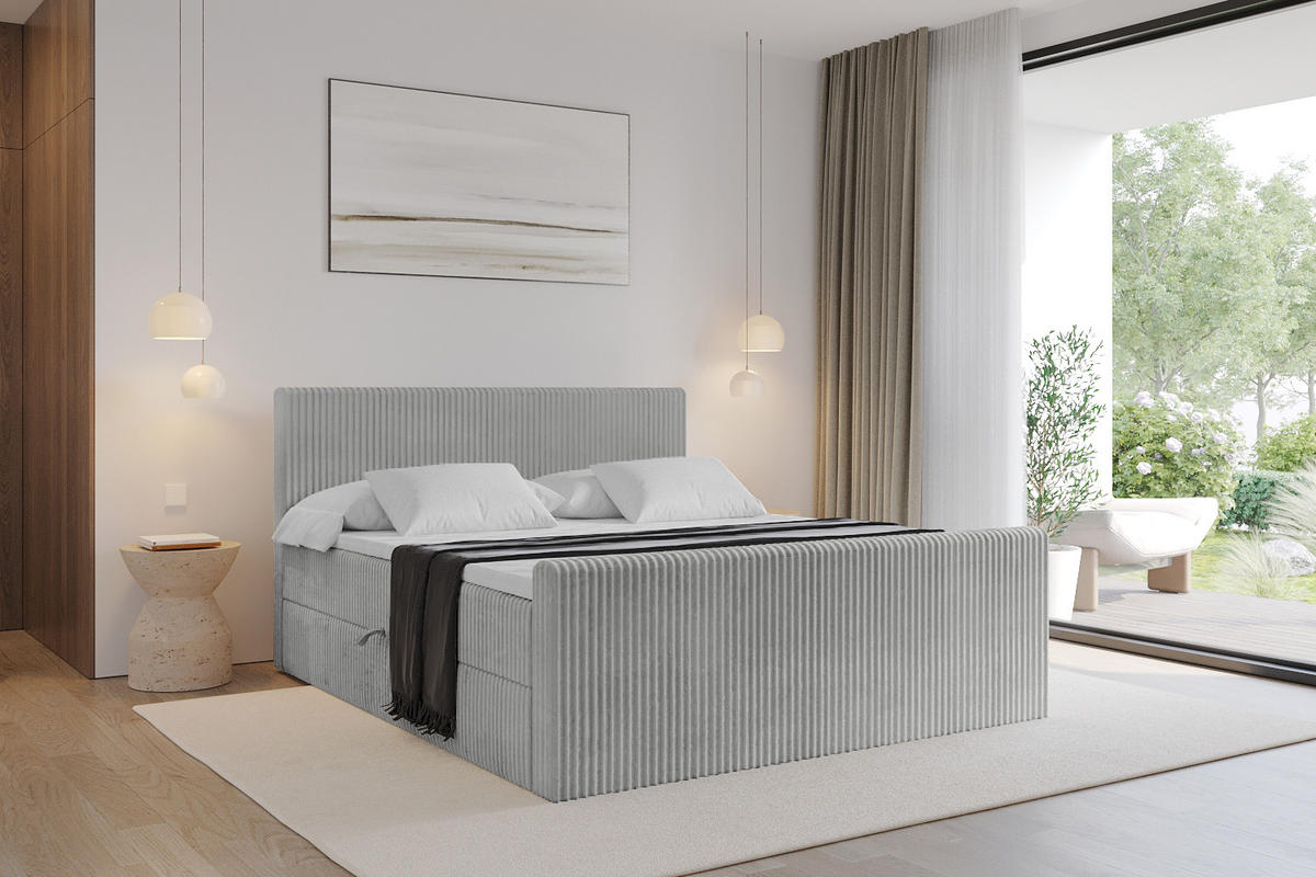 BOXBETT mit Matratze H4 und Lattenrost - TOLO-Z - 180x200 Cord - Hellgrau - Hellgrau, Holzwerkstoff (180/200cm) - ALTDECOR