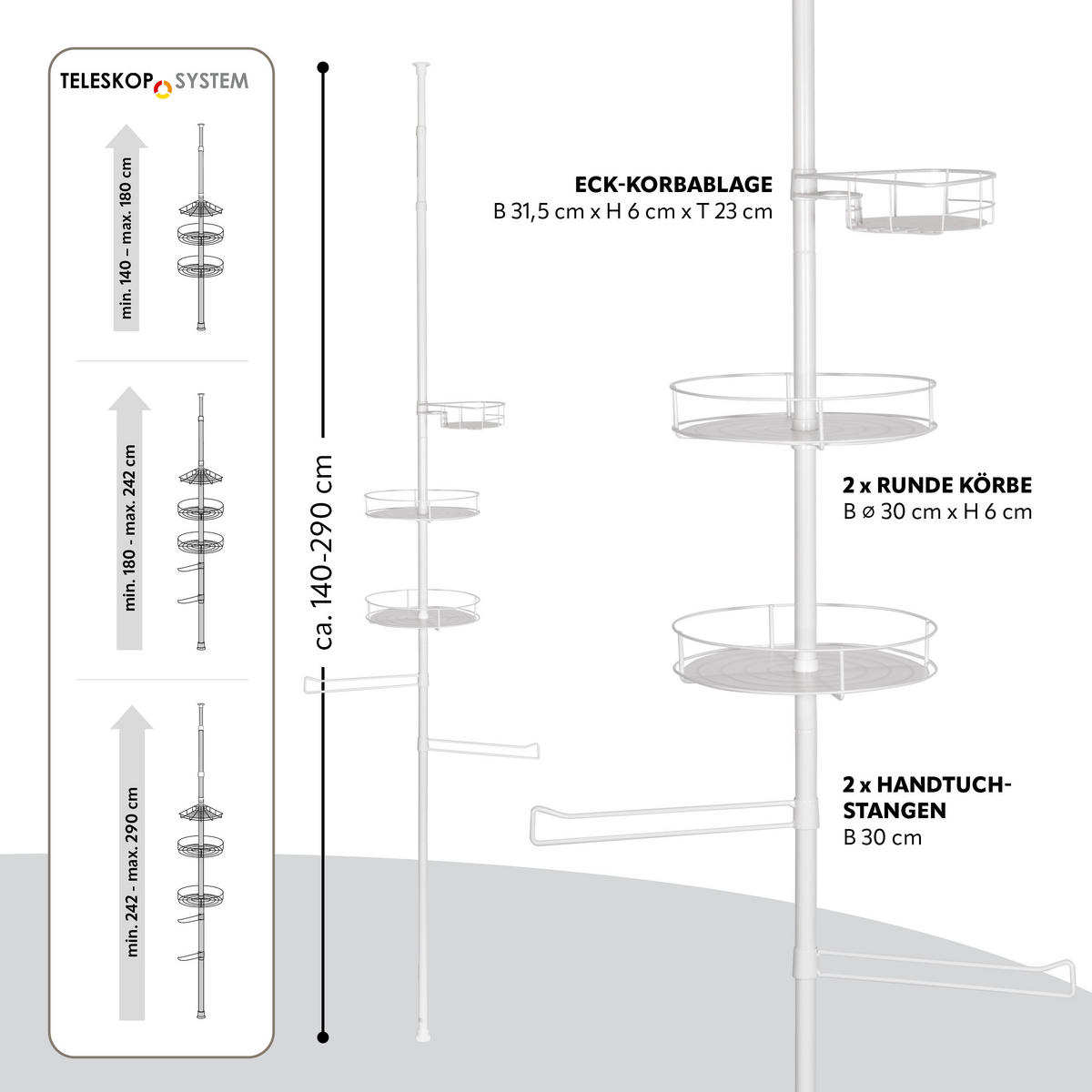 TELESKOP-BADREGAL, ausziehbar bis max. 290 cm, Metall, weiß - Weiß, Metall (31.5/290/31.5cm) - bremermann