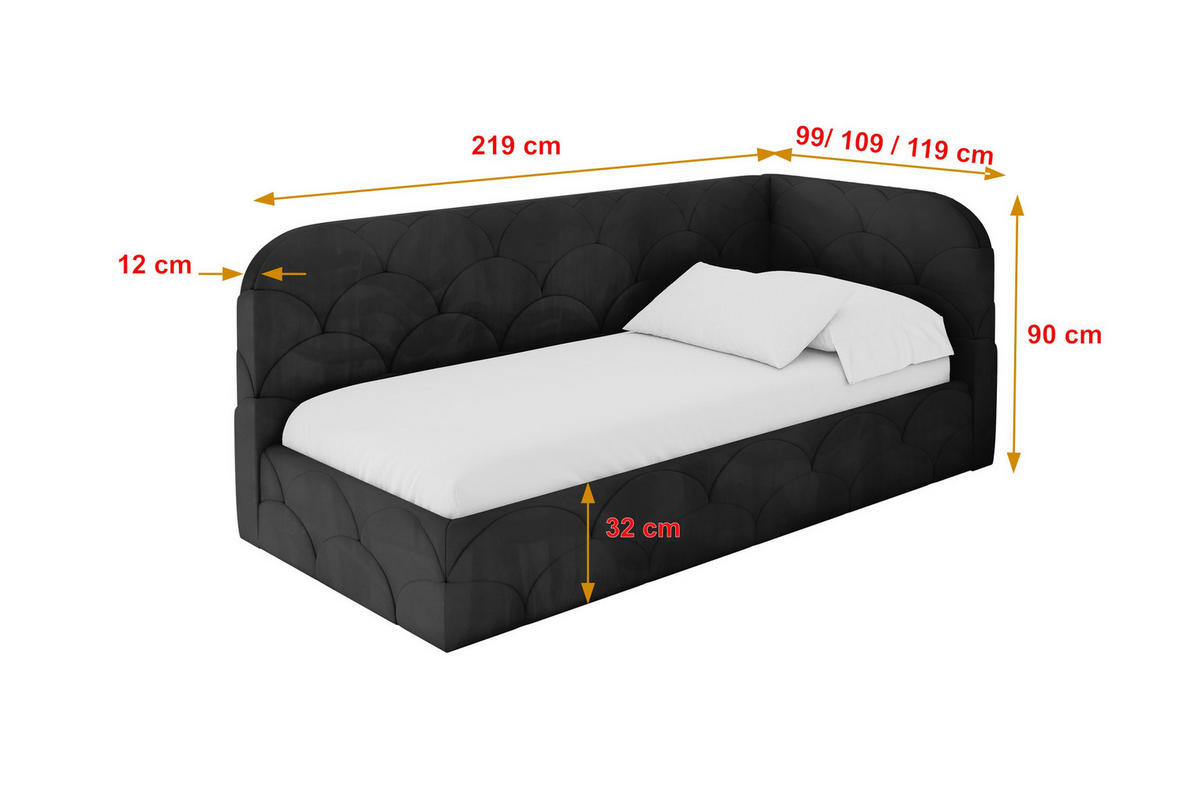EINZELLBETT Jugendbett mit Bettkasten und Matratze H3/H4, Links - ELRY 90x200 Schwarz - Schwarz, Holzwerkstoff/Textil (90/200cm) - ALTDECOR