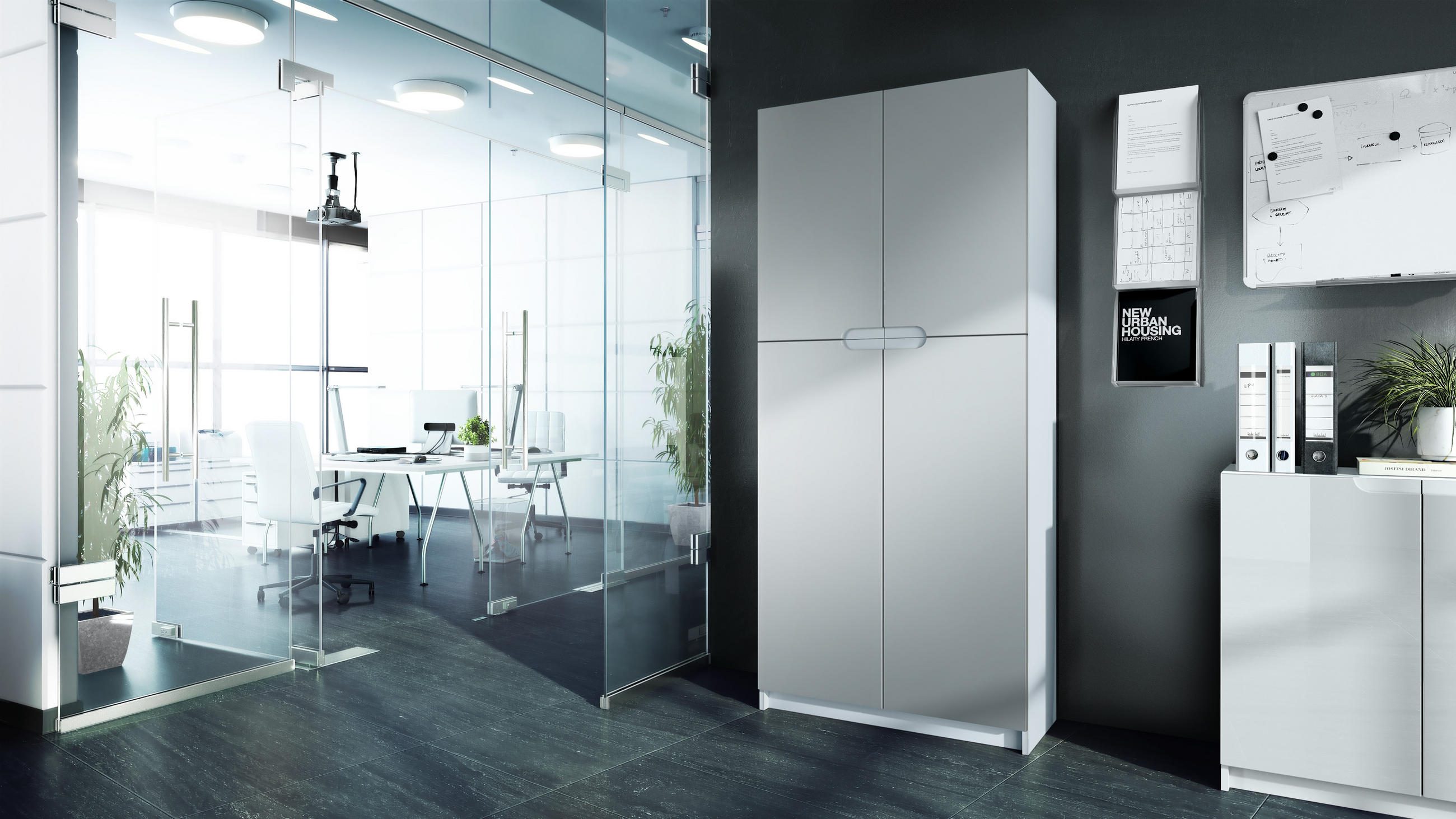 BÜROSCHRANK Logan Fronten in Hellgrau Seidenmatt - Greige, Holzwerkstoff (82/185/37cm) - Vladon